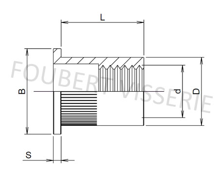 Ecrou à sertir tête cylindrique plate , moleté débouchant M6 épaisseur à  sertir 0.5 à 3mm acier zingué blanc